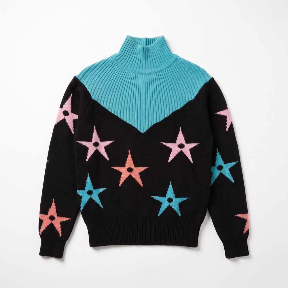 Obermeyer 4-Star 100% Wool Sweater Womens  L VTG 80s Star Intarsia Mock Neck